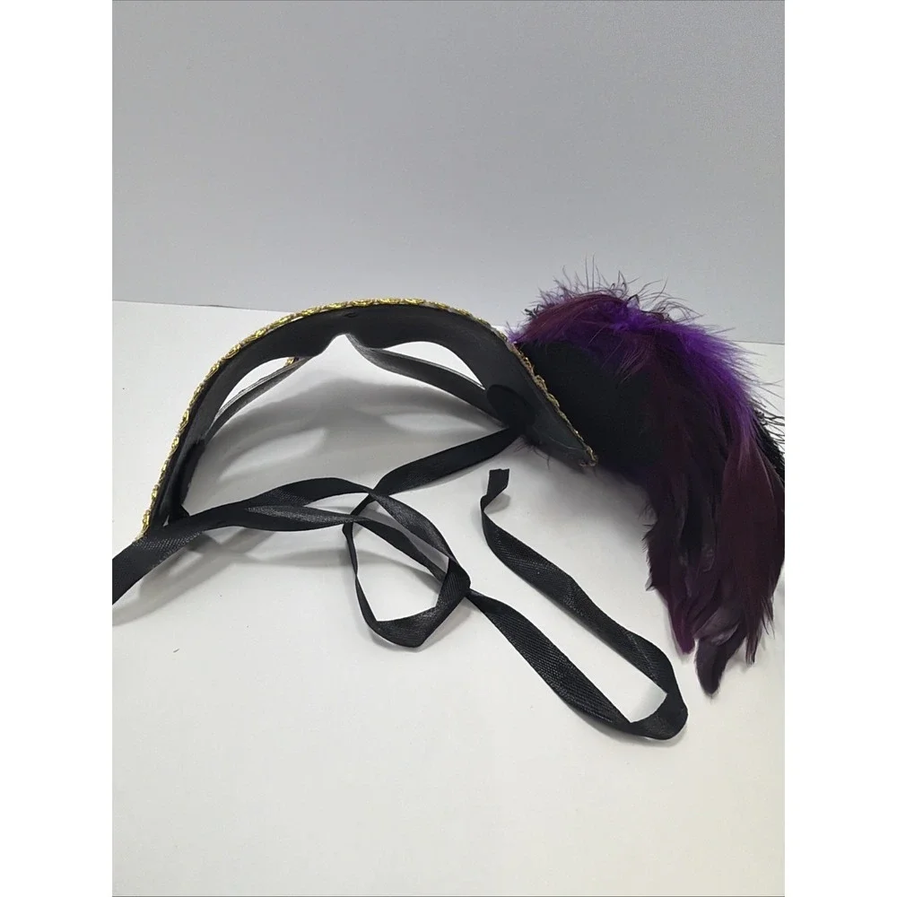Purple and Gold Venetian-style masquerade mask adorned with peacock feathers